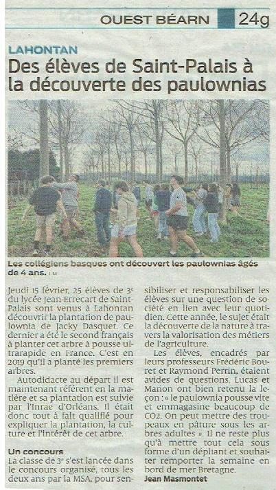 Article de Février 2024 : des élèves du lycée de saint palais à la découverte des paulownias.