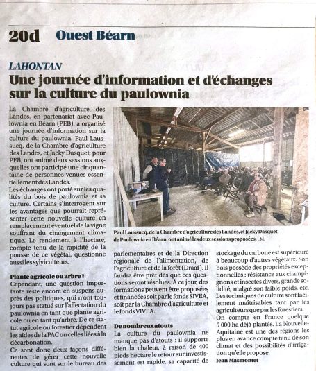 Article Sud Ouest Béarn mai 2024 journée informative sur le paulownia PEB et chambre agriculture landes
