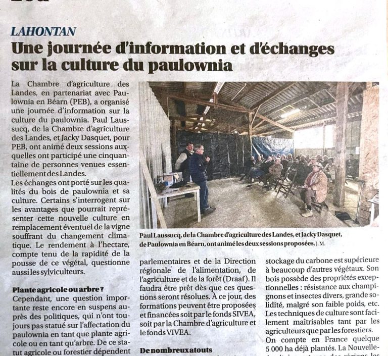 article du sud ouest du 14/05/2024 journée informative paulownia organisée par PEB et chambre agriculture landes